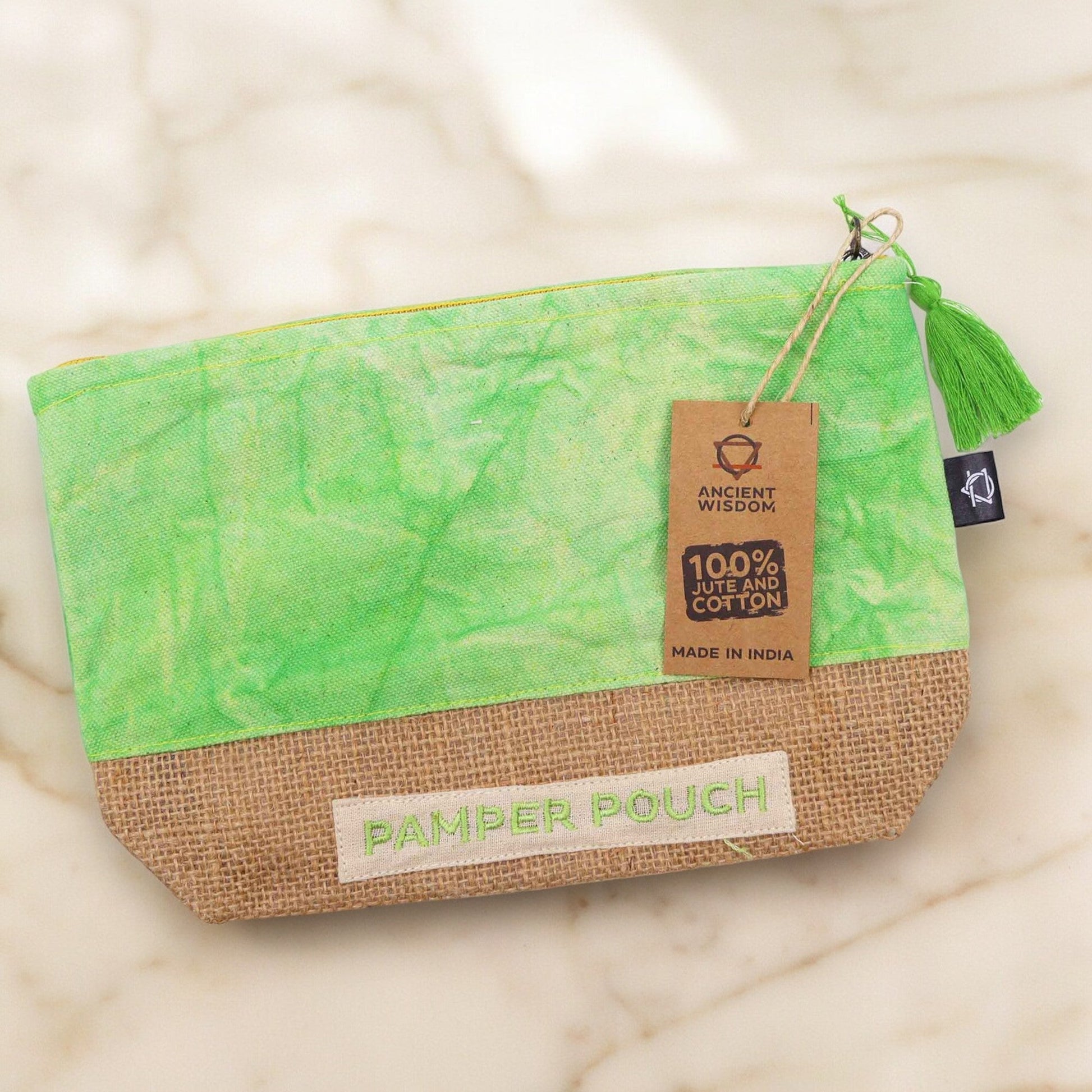 Eco-Friendly Jute and Cotton Pamper Pouch - Stonewash Green product packaging on clean background from Quintessential Holistic Health Ltd