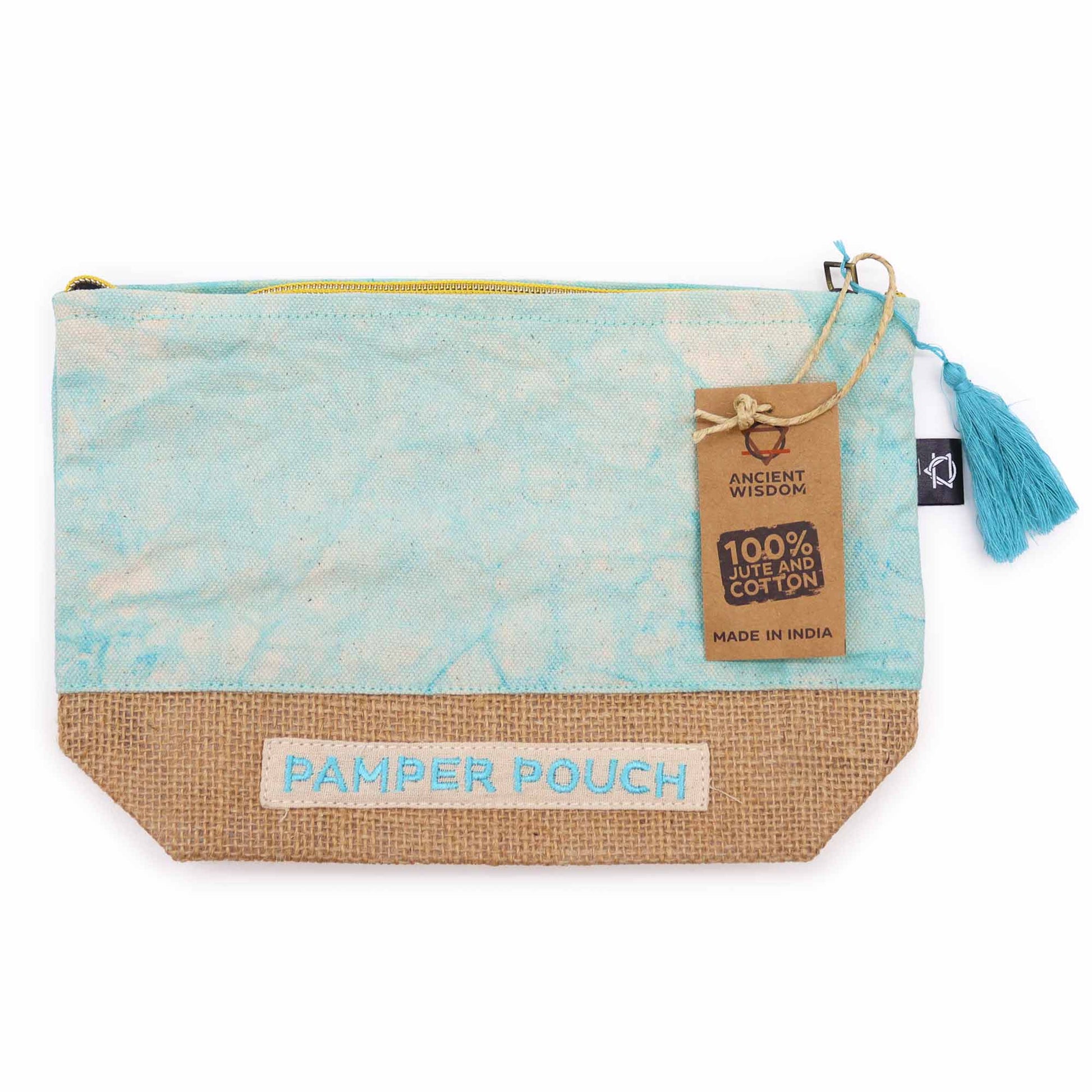 Eco-Friendly Jute and Cotton Pamper Pouch - Stonewash Blue product packaging on clean background from Quintessential Holistic Health Ltd