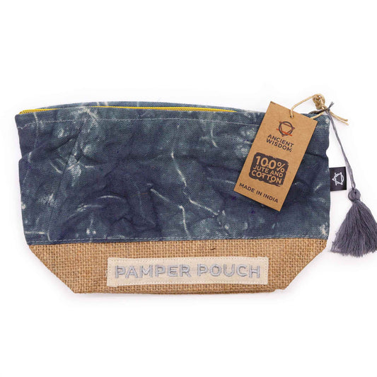 Eco-Friendly Jute and Cotton Pamper Pouch - Stonewash Charcoal product packaging on clean background from Quintessential Holistic Health Ltd