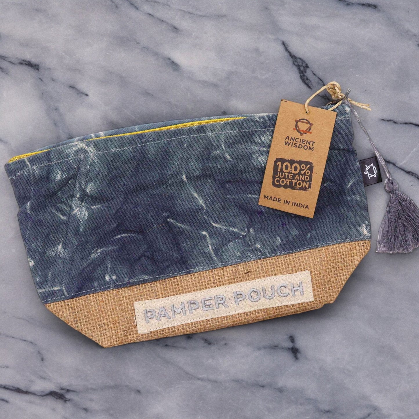 Eco-Friendly Jute and Cotton Pamper Pouch - Stonewash Charcoal product packaging on clean background from Quintessential Holistic Health Ltd