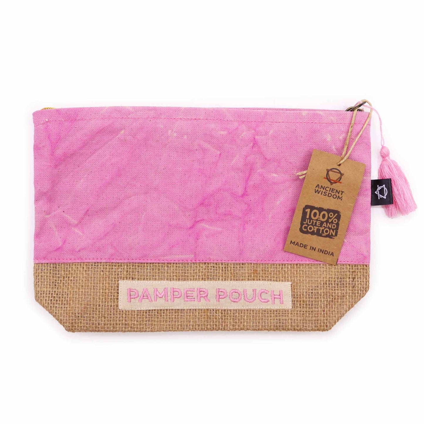 Eco-Friendly Jute and Cotton Pamper Pouch - Stonewash Pink product packaging on clean background from Quintessential Holistic Health Ltd