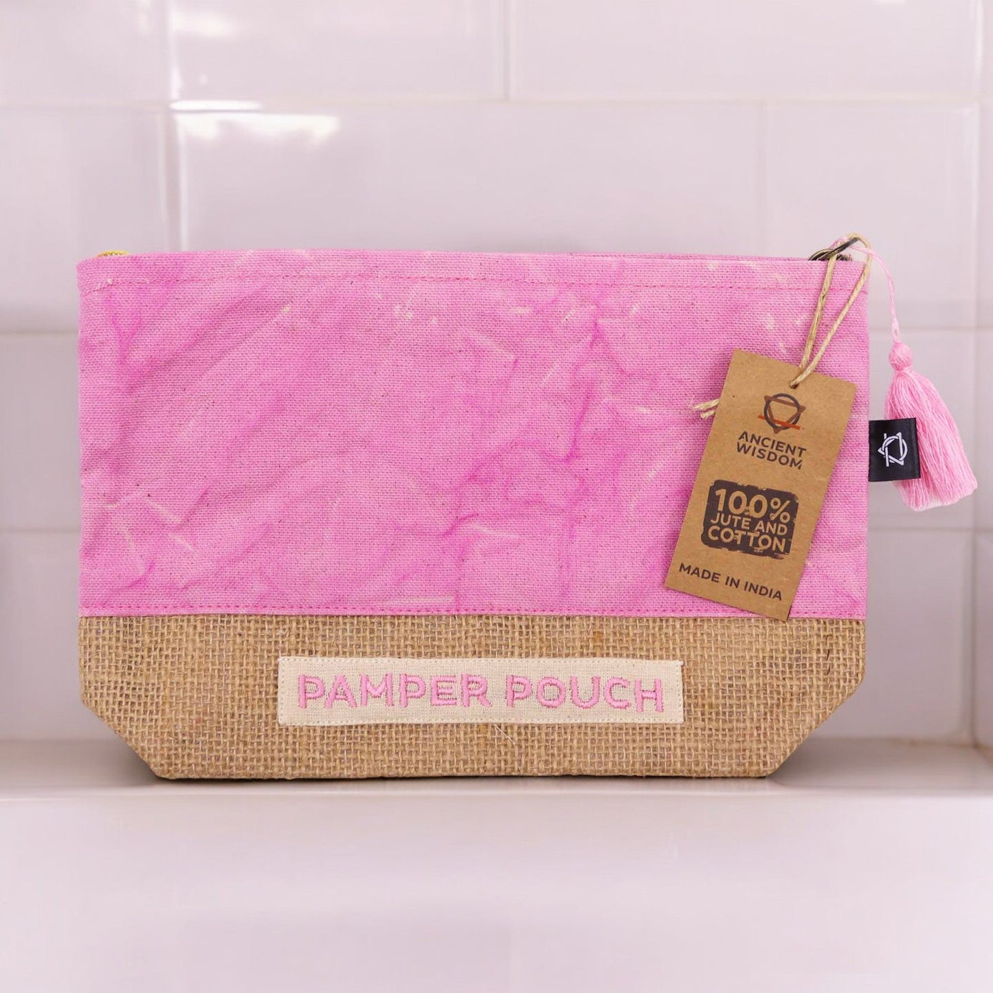 Eco-Friendly Jute and Cotton Pamper Pouch - Stonewash Pink product packaging on clean background from Quintessential Holistic Health Ltd