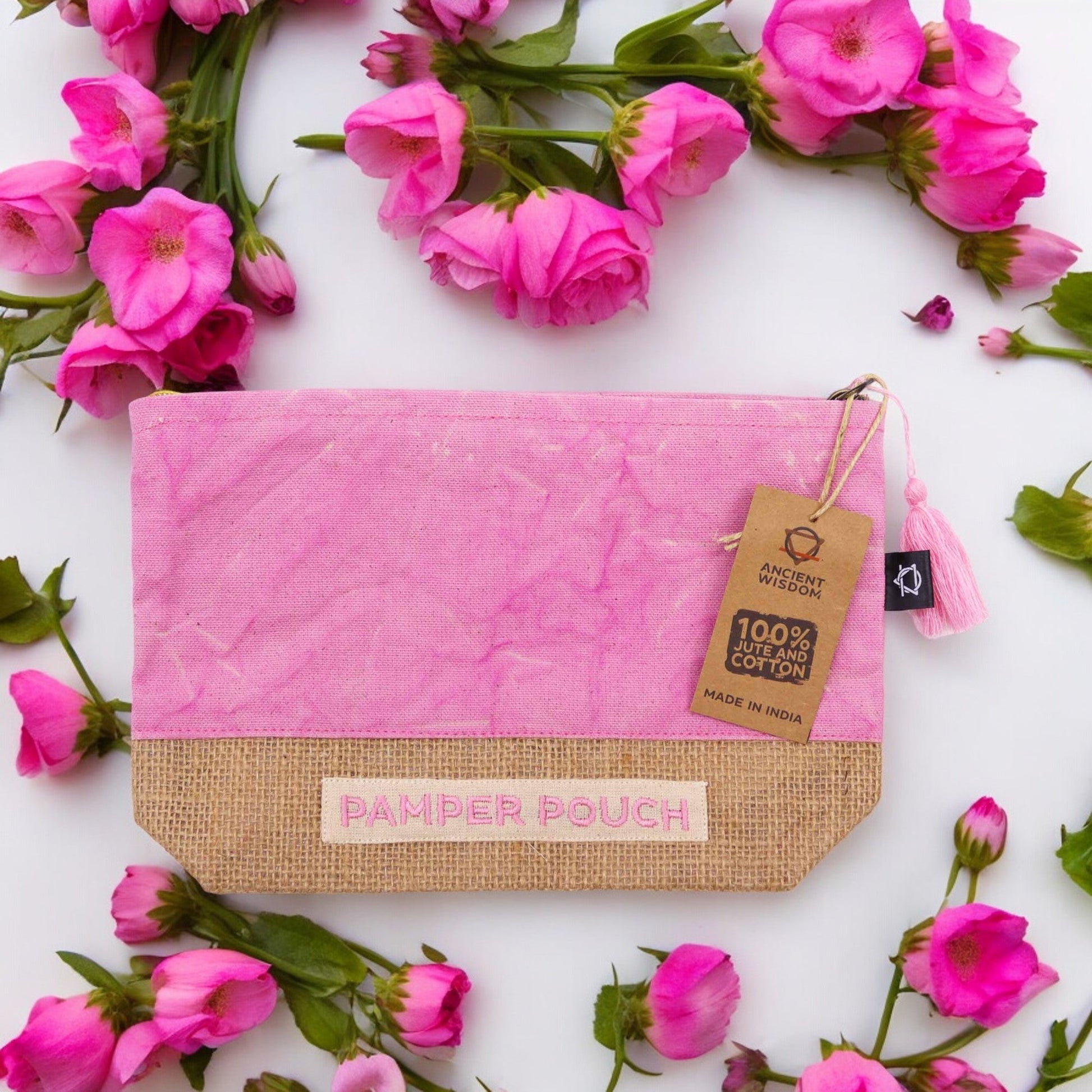 Eco-Friendly Jute and Cotton Pamper Pouch - Stonewash Pink product packaging on clean background from Quintessential Holistic Health Ltd