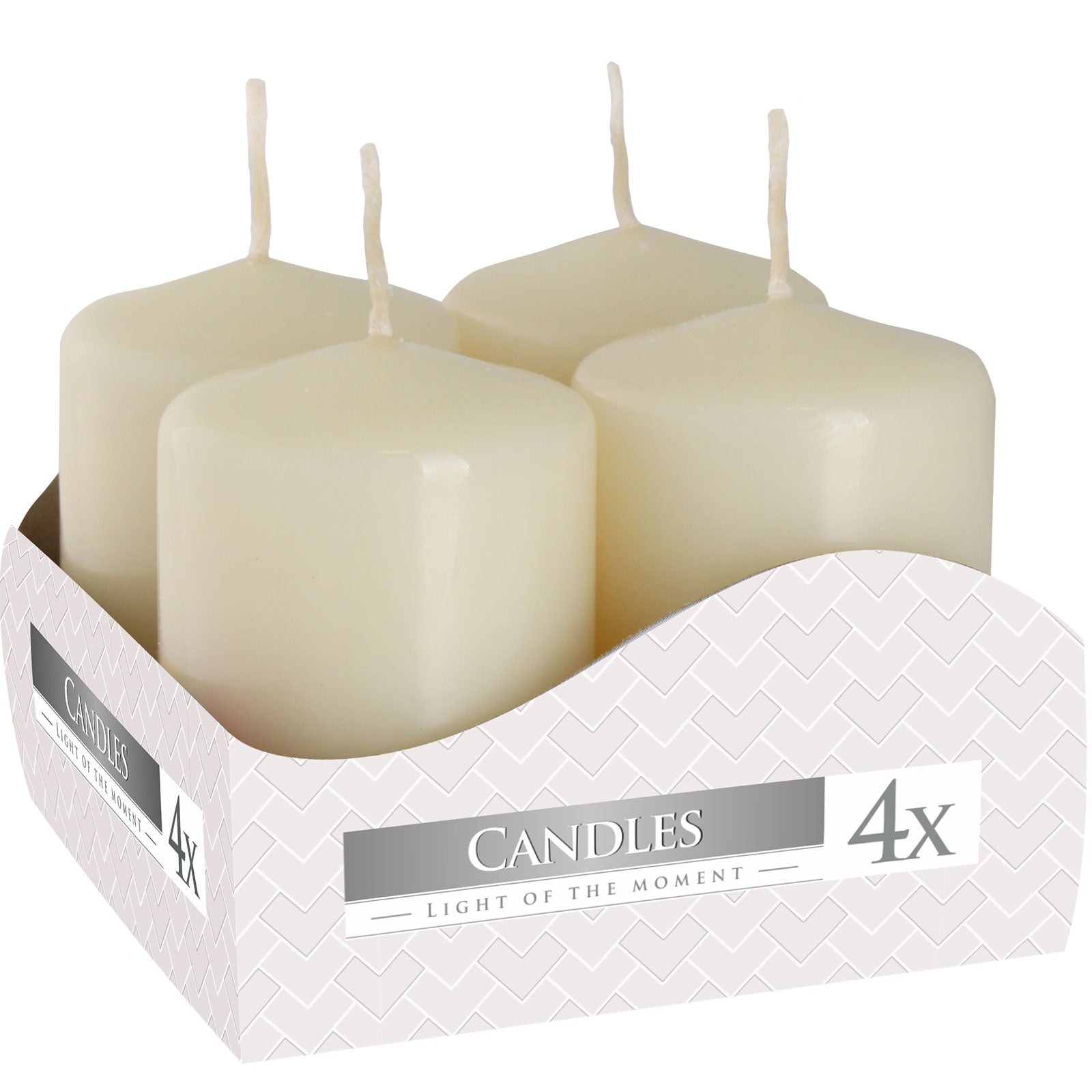 Set of 4 Pillar Candles - Small / Ivory product packaging on clean background from Quintessential Holistic Health Ltd
