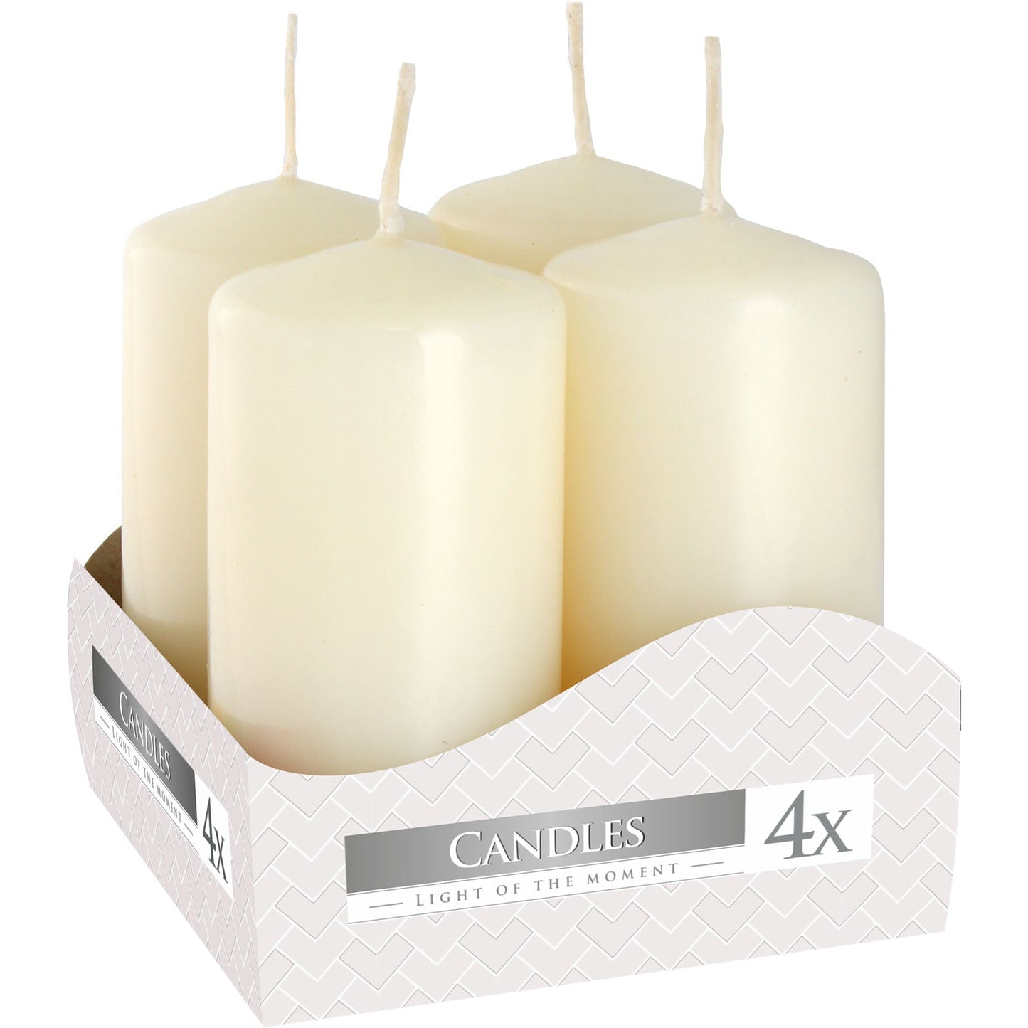 Set of 4 Pillar Candles - Medium / Ivory product packaging on clean background from Quintessential Holistic Health Ltd