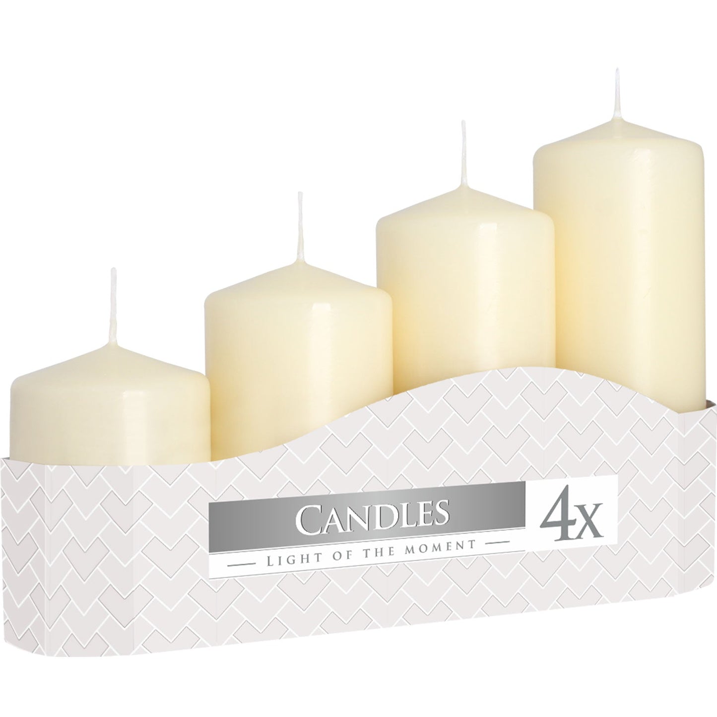 Set of 4 Pillar Candles - Small - Large / Ivory product packaging on clean background from Quintessential Holistic Health Ltd