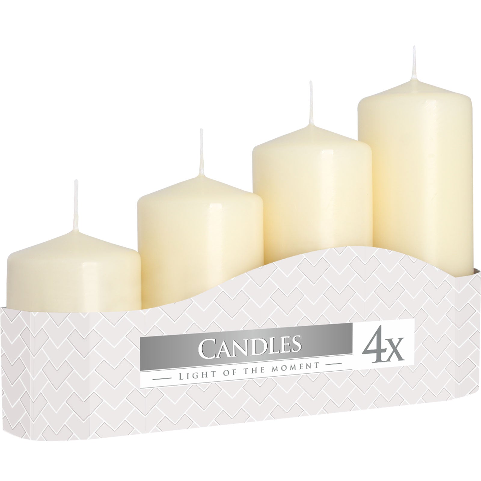 Set of 4 Pillar Candles - Small - Large / Ivory product packaging on clean background from Quintessential Holistic Health Ltd