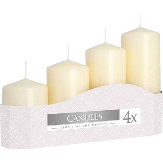 Set of 4 Pillar Candles - Small - Large / Ivory product packaging on clean background from Quintessential Holistic Health Ltd