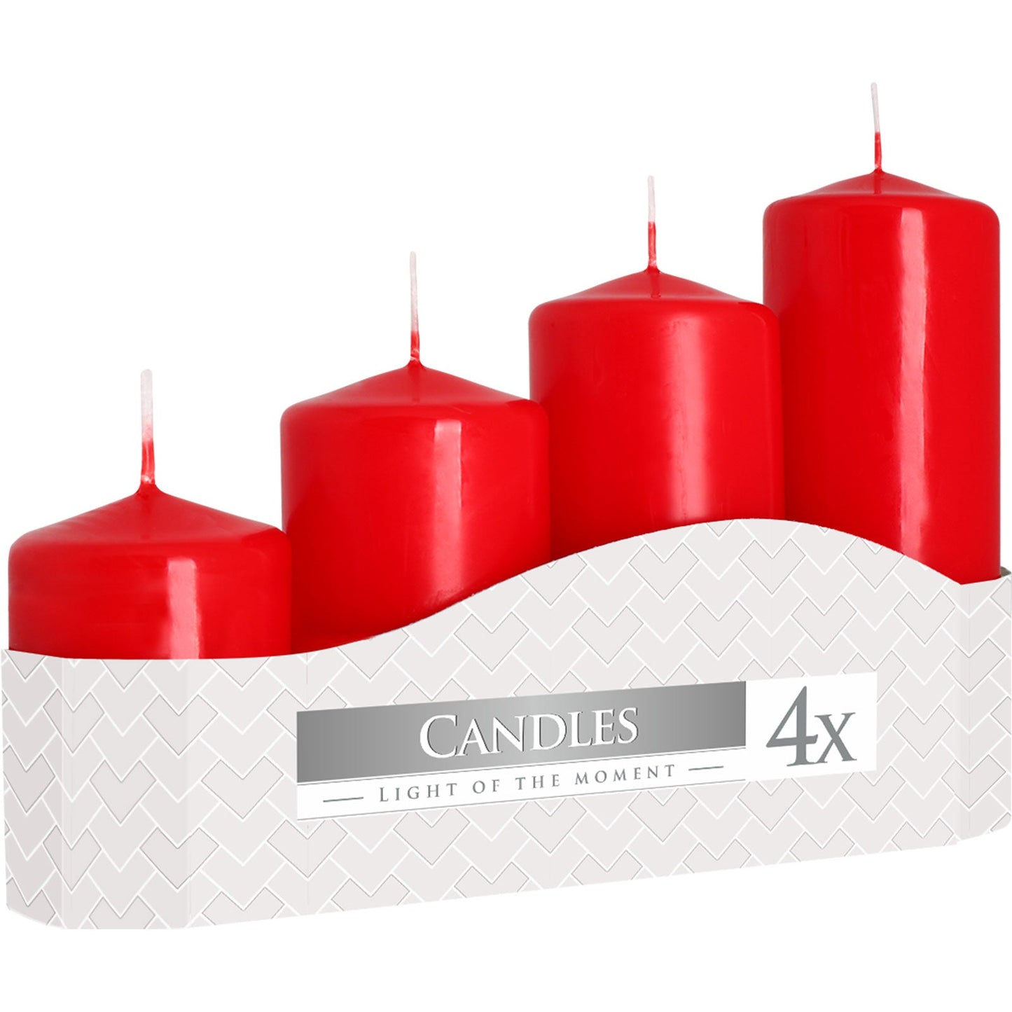 Set of 4 Pillar Candles - Small - Large / Red product packaging on clean background from Quintessential Holistic Health Ltd