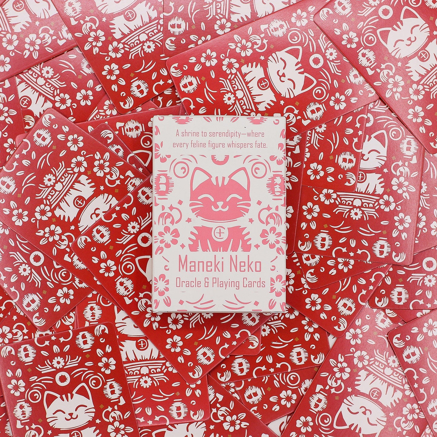 Playing and Oracle Cards- Fortune Cats / Maneki Neko product packaging on clean background from Quintessential Holistic Health Ltd