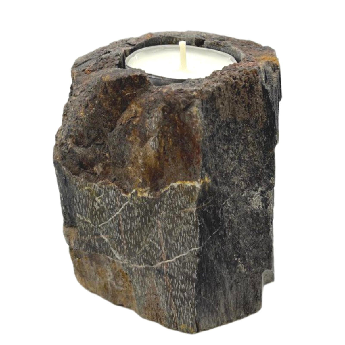 Hand-Carved Petrified Wood Tea-Light Holder - Single Low, dark grey and brown upright block with a rugged top and one circular recess, by Quintessential Holistic Health Ltd