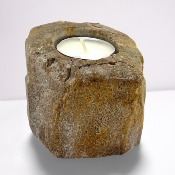 Hand-Carved Petrified Wood Tea-Light Holder - Single Low, square brown block with a rugged top edge and one circular recess, by Quintessential Holistic Health Ltd