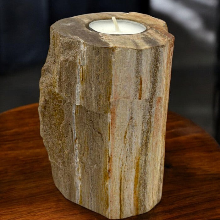 Hand Carved Petrified Wooden Tea Light Candle Holder - Single / Tall product packaging on clean background from Quintessential Holistic Health Ltd