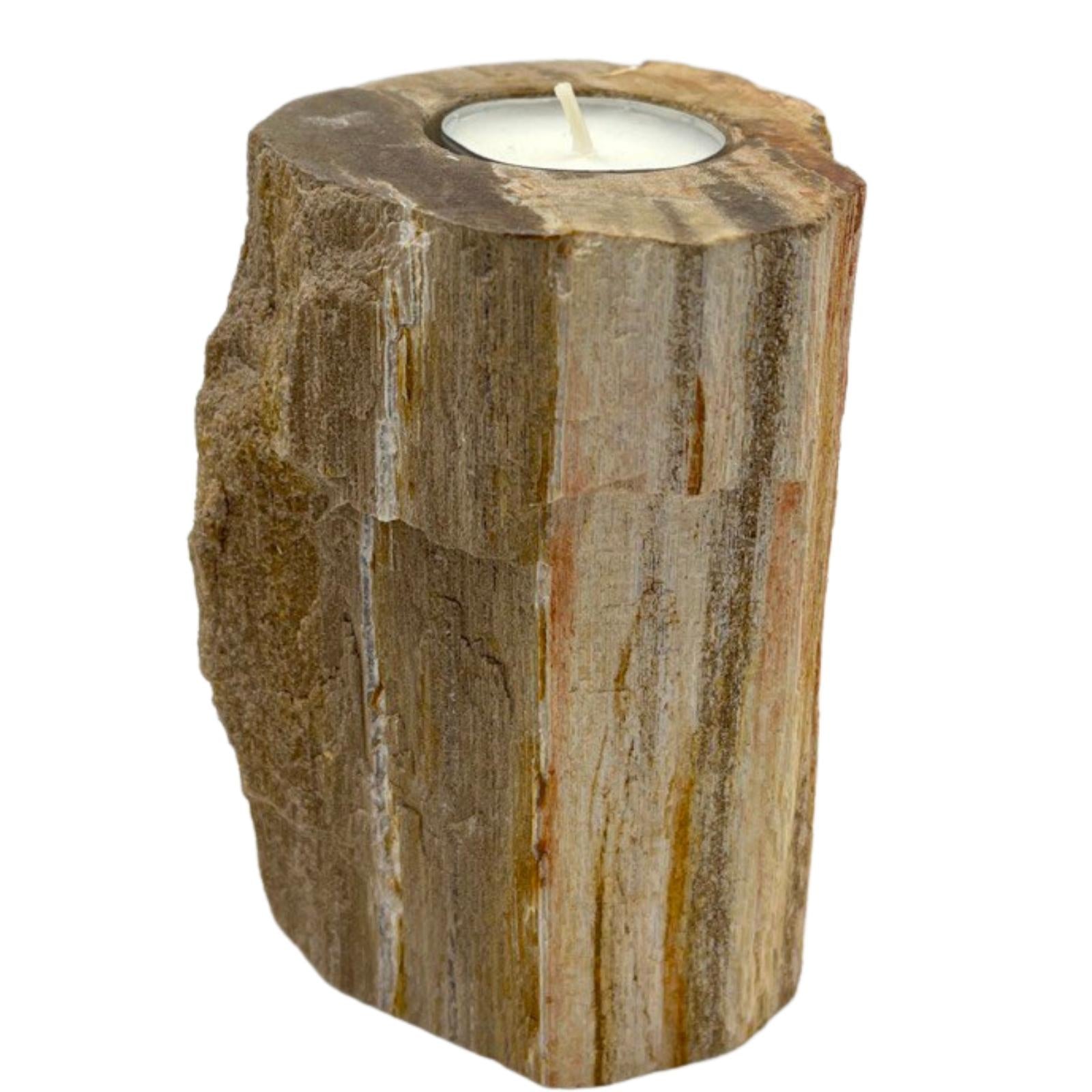 Hand Carved Petrified Wooden Tea Light Candle Holder - Single / Tall product packaging on clean background from Quintessential Holistic Health Ltd