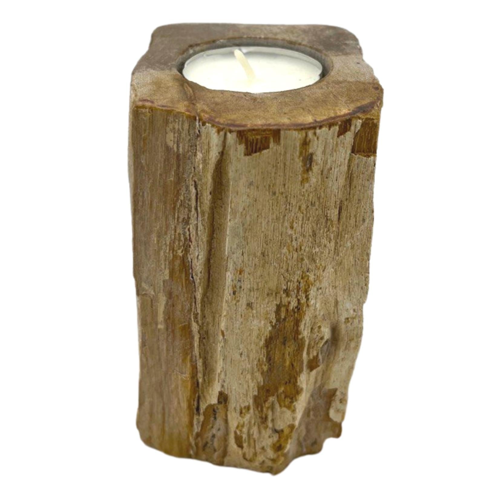 Hand Carved Petrified Wooden Tea Light Candle Holder - Single / Tall product packaging on clean background from Quintessential Holistic Health Ltd