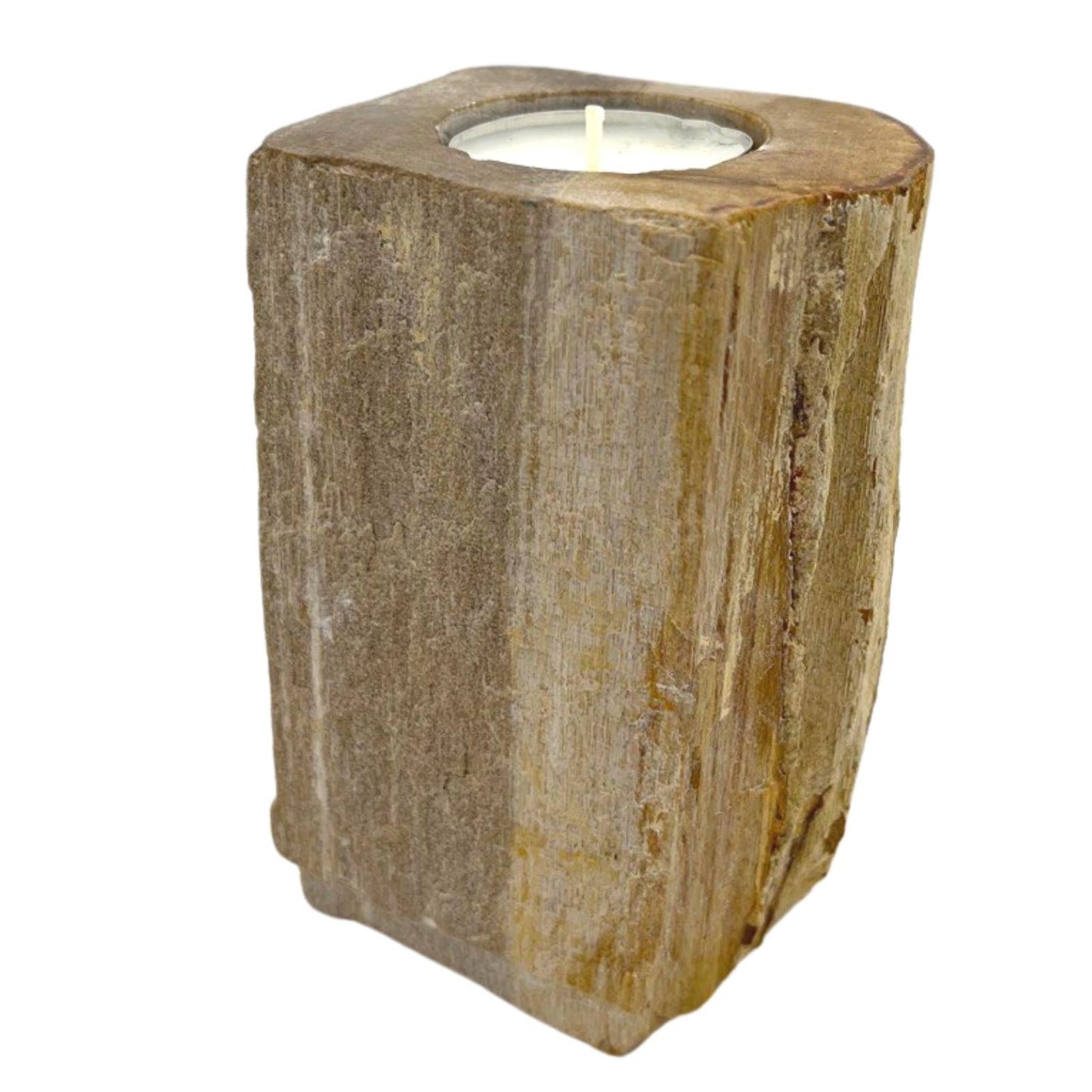 Hand Carved Petrified Wooden Tea Light Candle Holder - Single / Tall product packaging on clean background from Quintessential Holistic Health Ltd