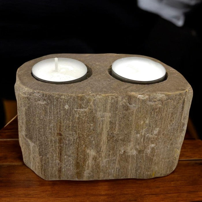 Hand-Carved Petrified Wood Tea-Light Holder - Double, rounded rectangular brown block with vertical grain and two circular recesses, by Quintessential Holistic Health Ltd