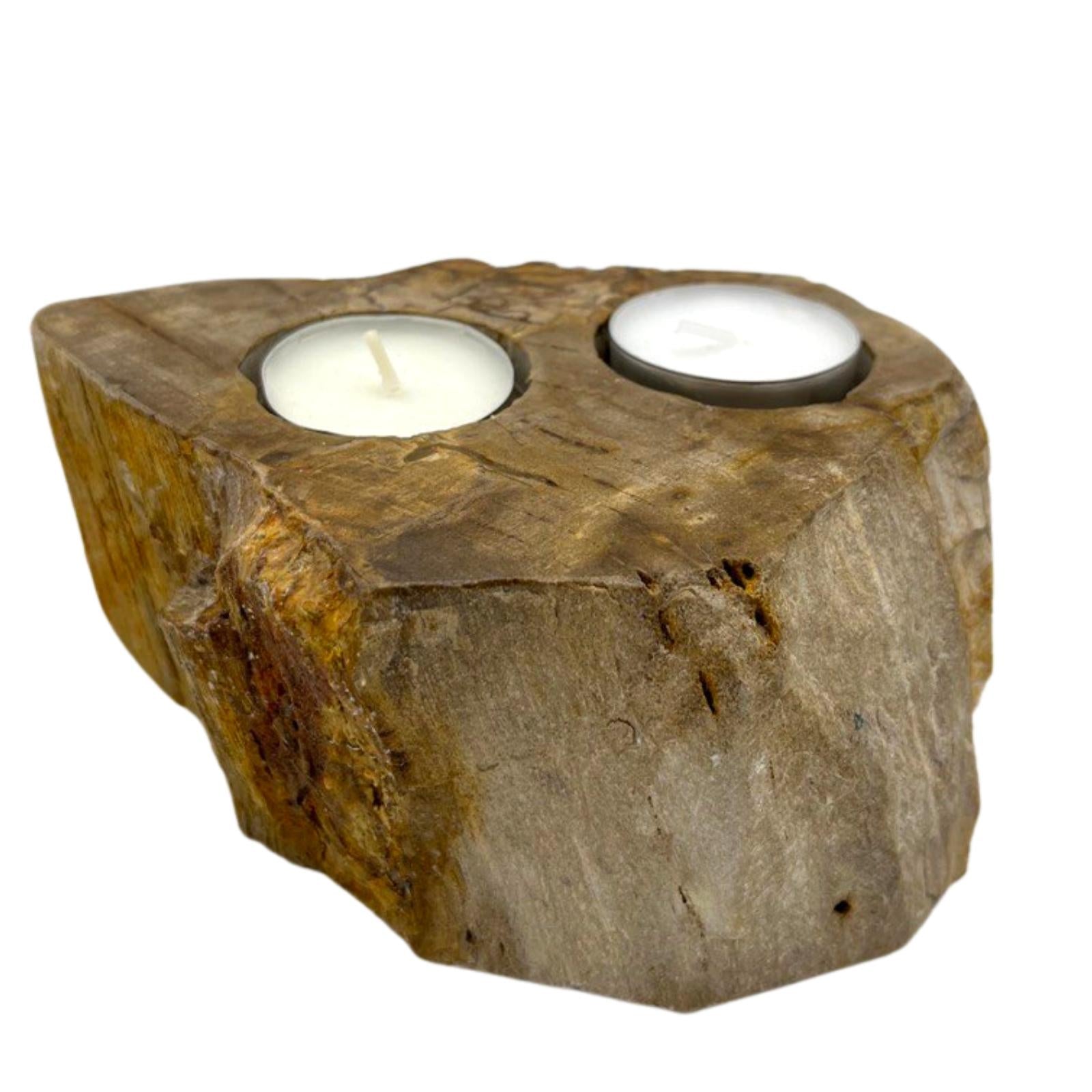 Hand-Carved Petrified Wood Tea-Light Holder - Double, angular brown block with sloping sides and two circular recesses, by Quintessential Holistic Health Ltd