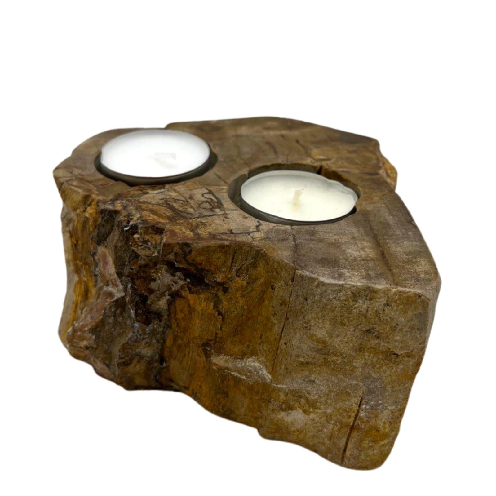 Hand-Carved Petrified Wood Tea-Light Holder - Double, irregular brown block with rugged sides and two circular recesses, by Quintessential Holistic Health Ltd