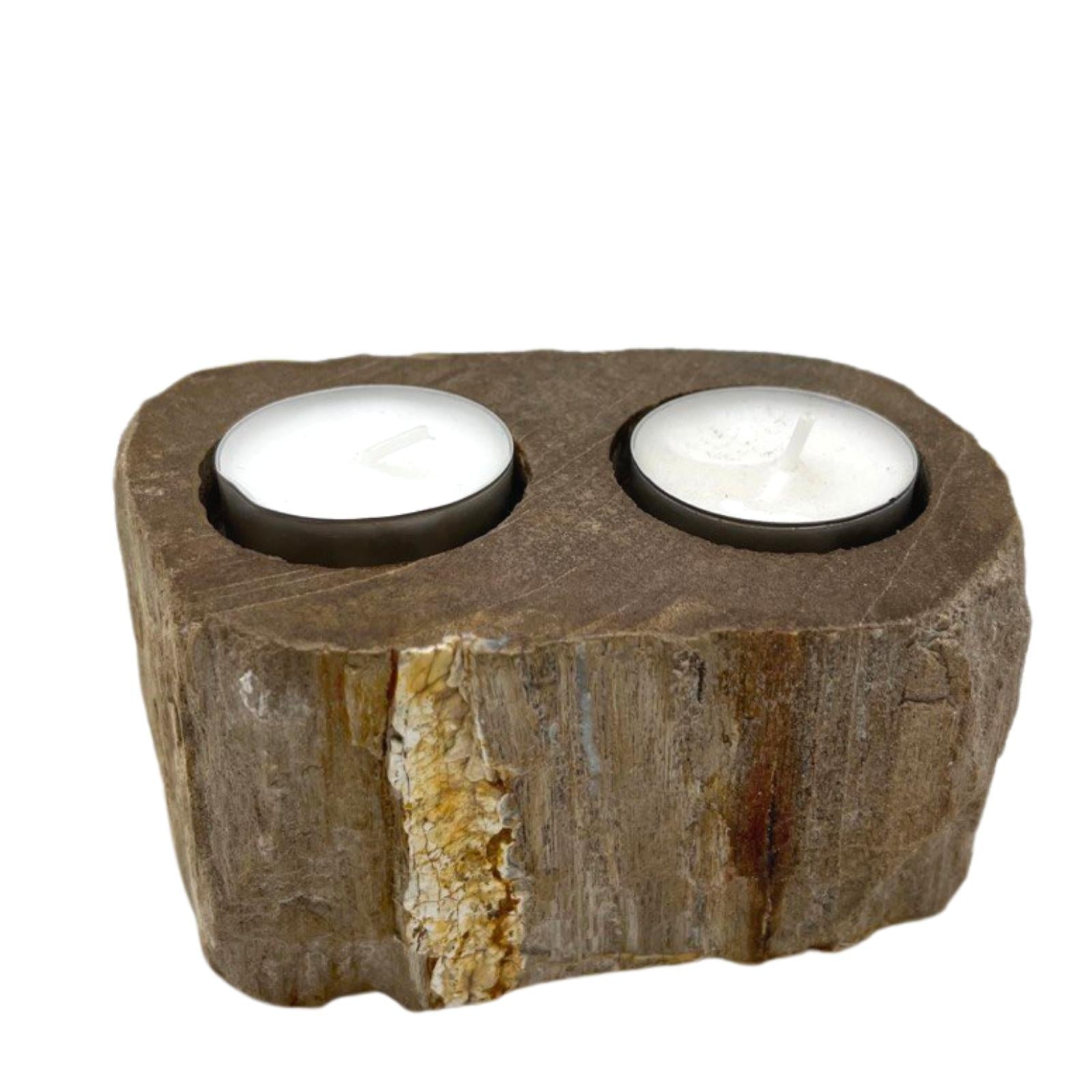 Hand-Carved Petrified Wood Tea-Light Holder - Double, rugged brown block with two circular recesses and a pale vertical seam, by Quintessential Holistic Health Ltd