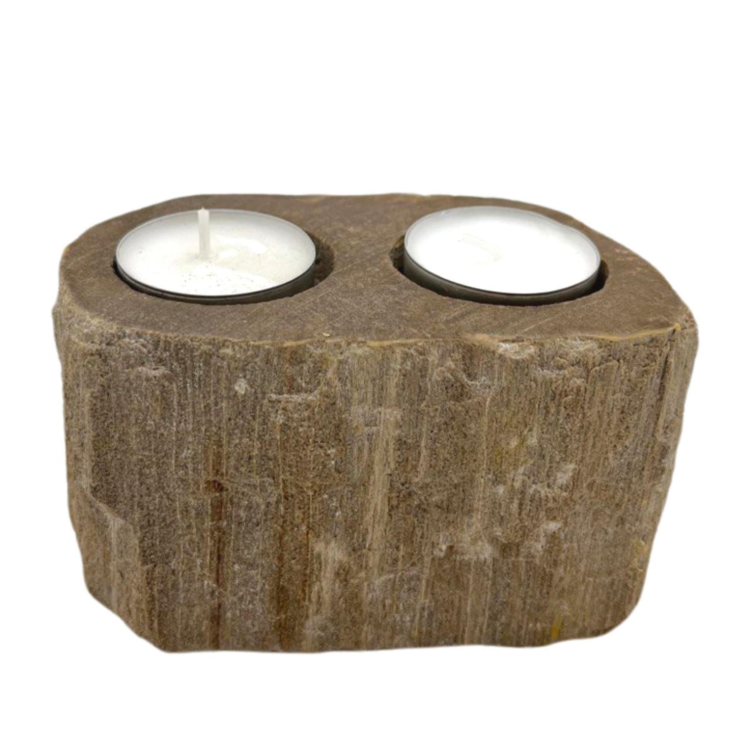 Hand-Carved Petrified Wood Tea-Light Holder - Double, rounded brown block with a flat top, vertical grain and two circular recesses, by Quintessential Holistic Health Ltd