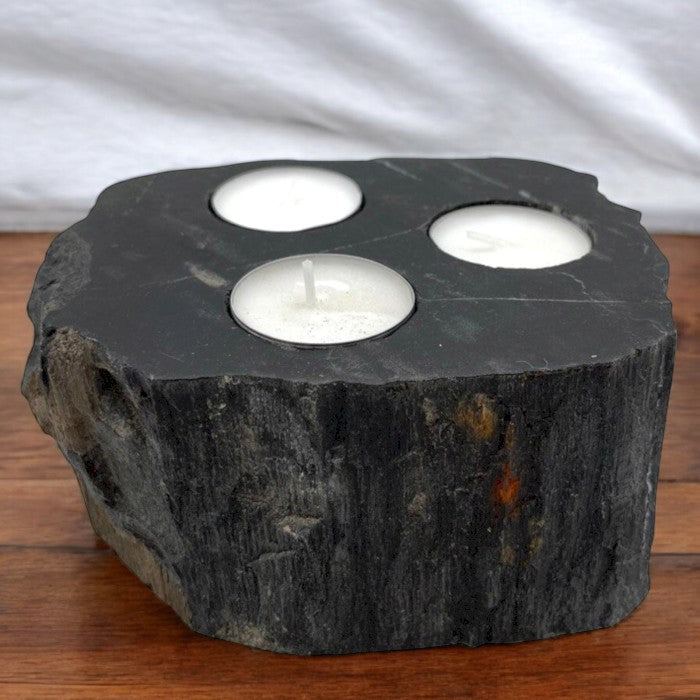 Hand Carved Petrified Wooden Tea Light Candle Holder - Triple product packaging on clean background from Quintessential Holistic Health Ltd