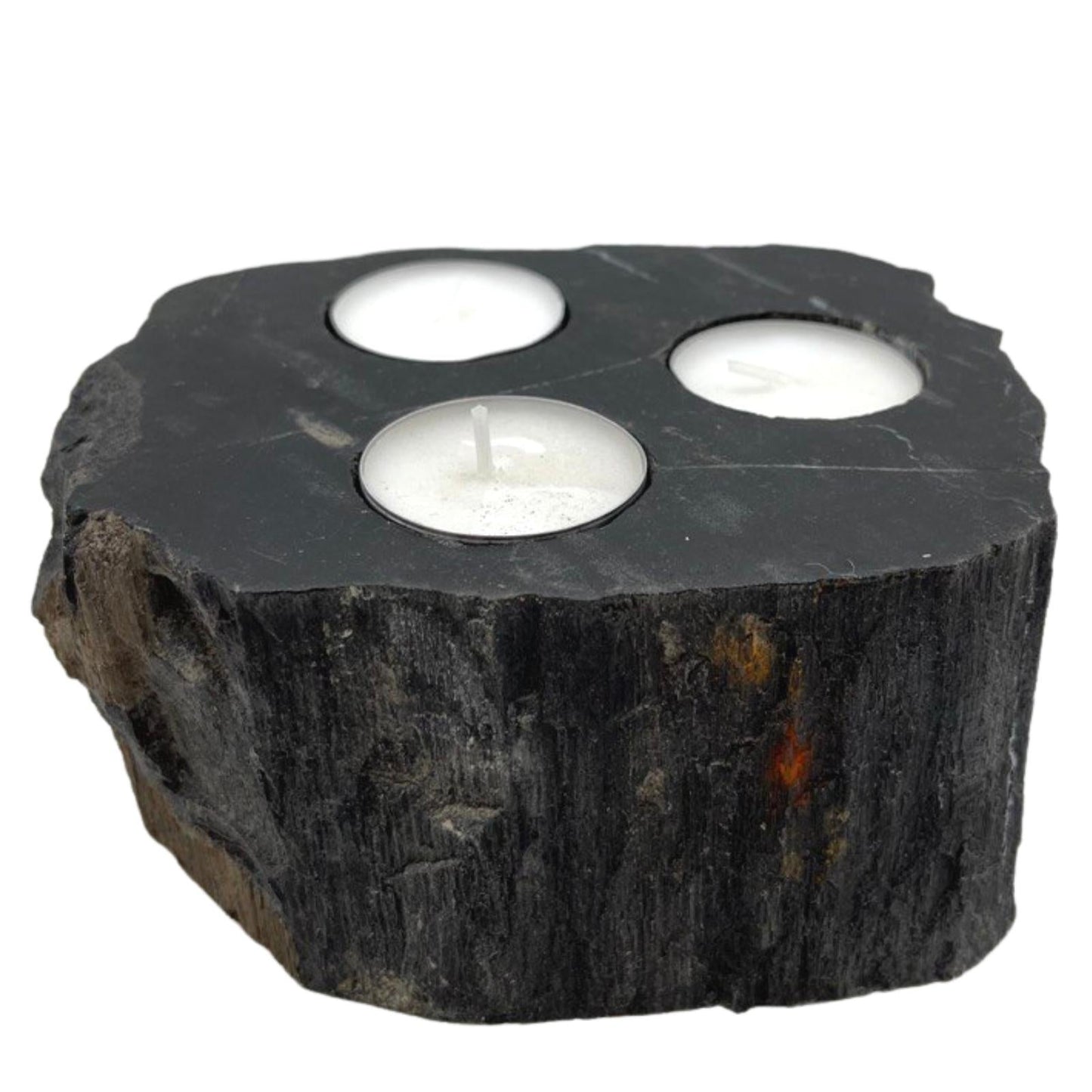 Hand Carved Petrified Wooden Tea Light Candle Holder - Triple product packaging on clean background from Quintessential Holistic Health Ltd