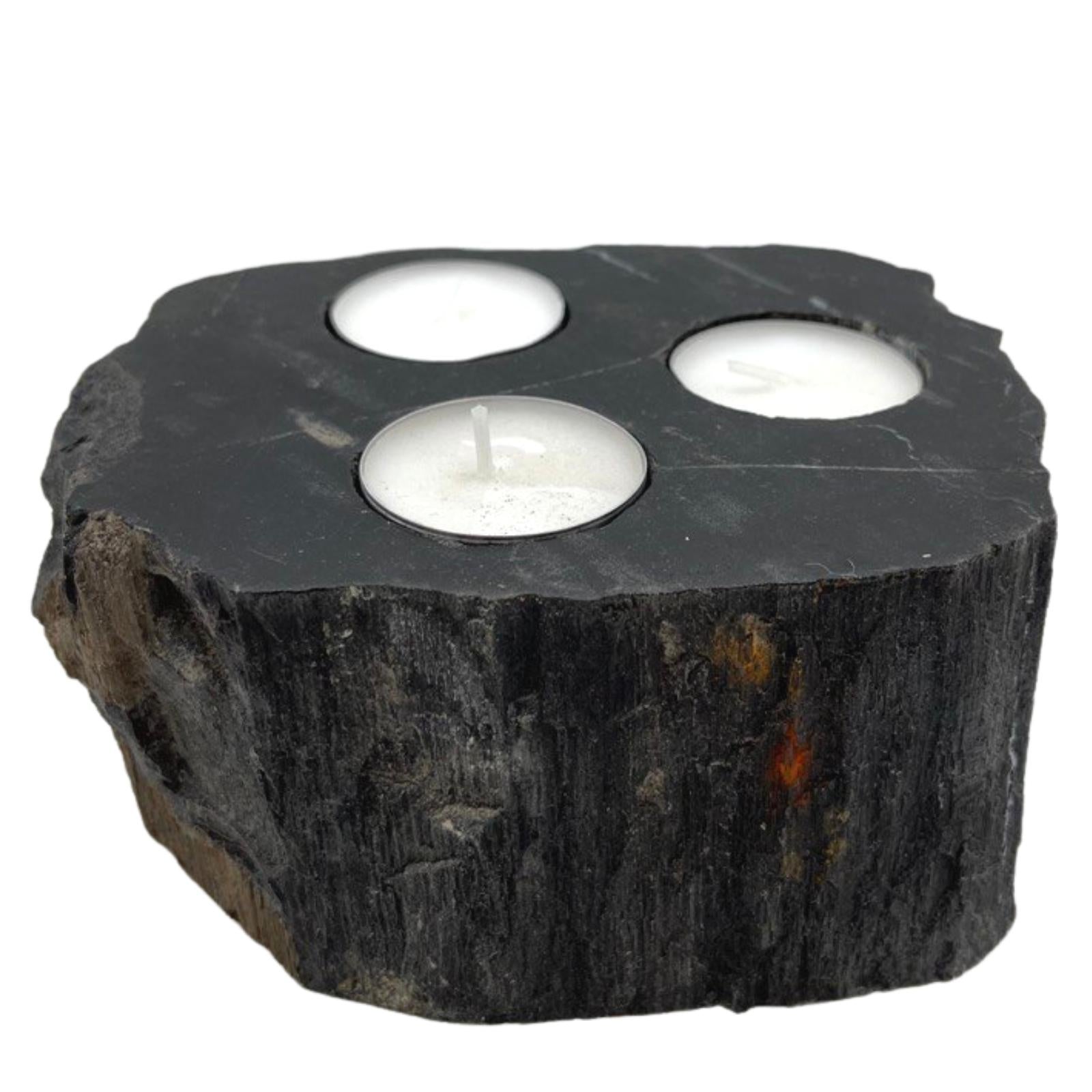 Hand Carved Petrified Wooden Tea Light Candle Holder - Triple product packaging on clean background from Quintessential Holistic Health Ltd