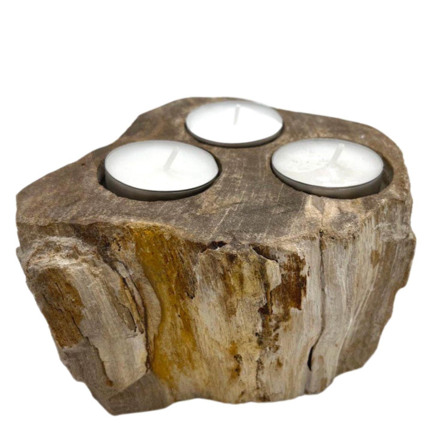 Hand Carved Petrified Wooden Tea Light Candle Holder - Triple product packaging on clean background from Quintessential Holistic Health Ltd
