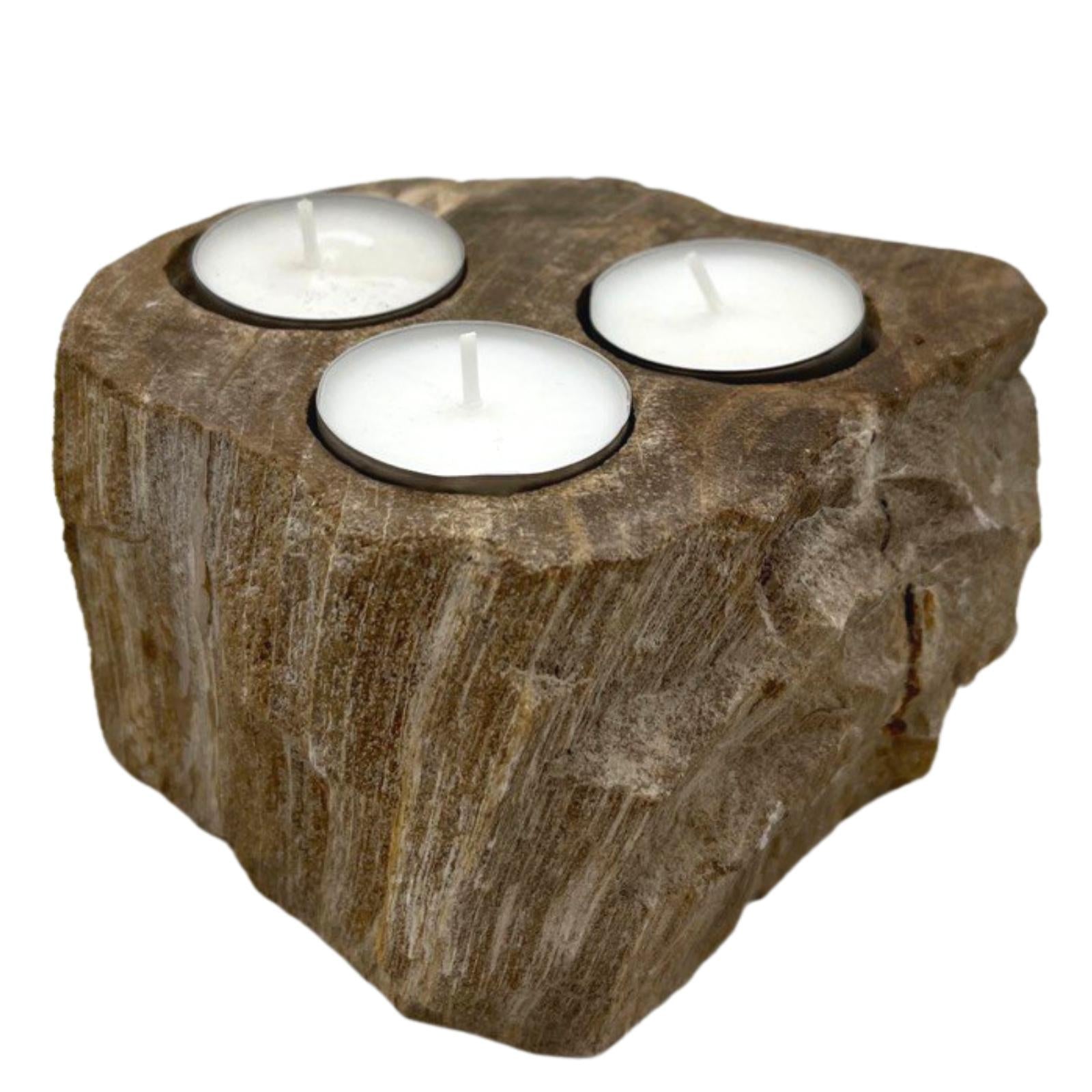 Hand Carved Petrified Wooden Tea Light Candle Holder - Triple product packaging on clean background from Quintessential Holistic Health Ltd