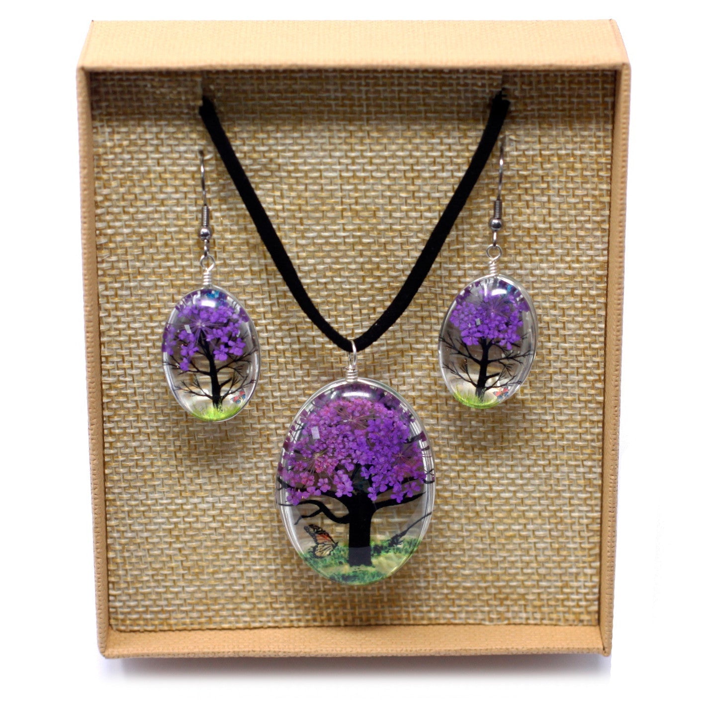 Pressed Flowers Pendant and Earring Set - Tree of Life / Lavender product packaging on clean background from Quintessential Holistic Health Ltd