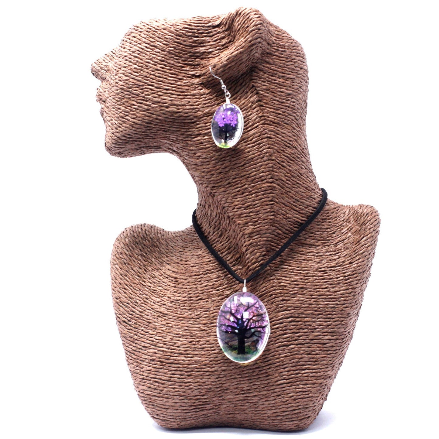 Pressed Flowers Pendant and Earring Set - Tree of Life / Lavender product packaging on clean background from Quintessential Holistic Health Ltd