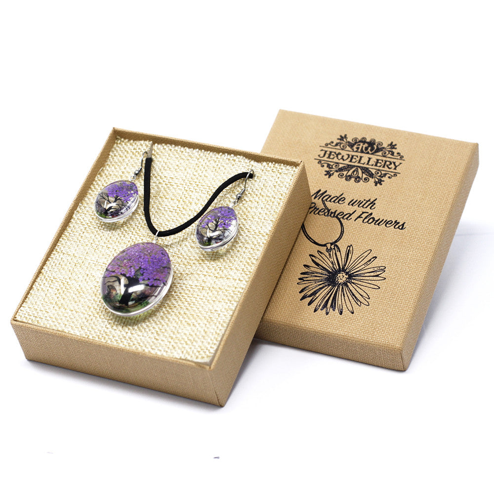 Pressed Flowers Pendant and Earring Set - Tree of Life / Lavender product packaging on clean background from Quintessential Holistic Health Ltd