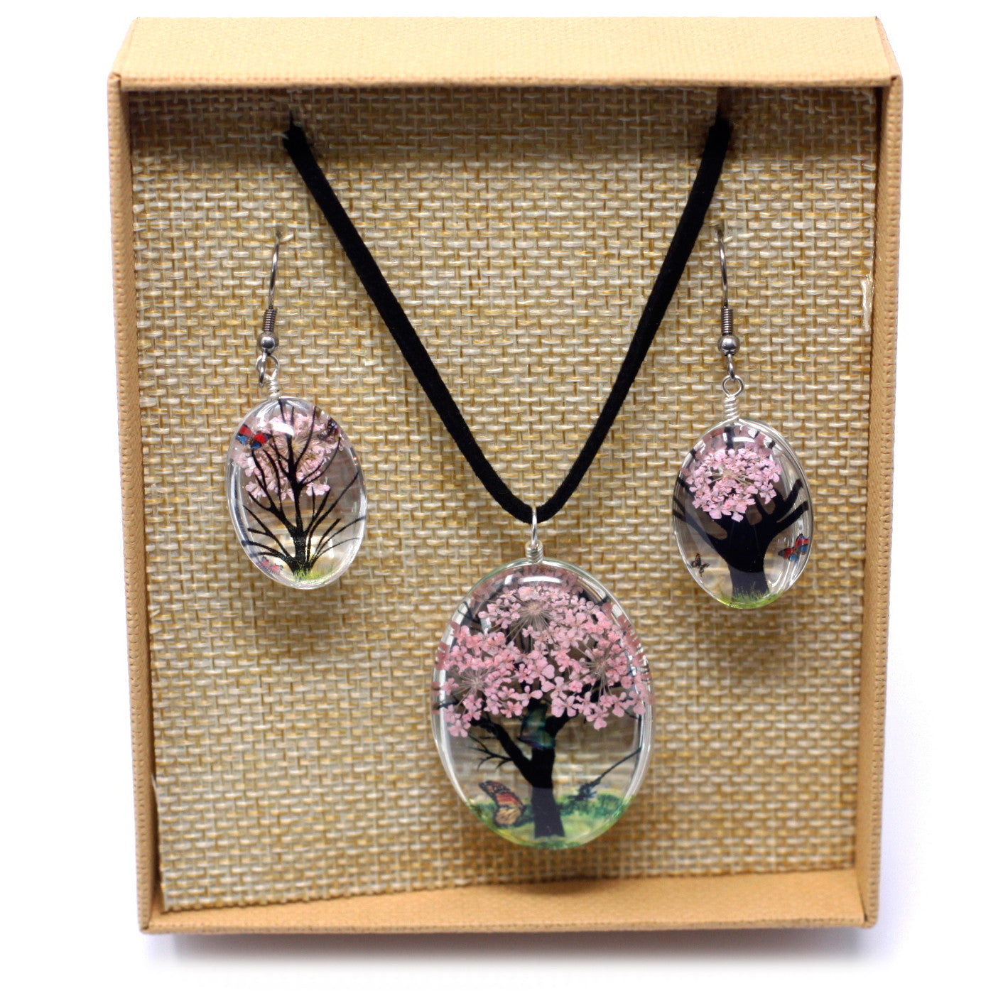 Pressed Flowers Pendant and Earring Set - Tree of Life / Pink product packaging on clean background from Quintessential Holistic Health Ltd