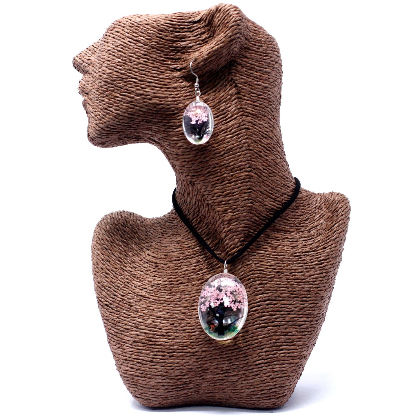 Pressed Flowers Pendant and Earring Set - Tree of Life / Pink product packaging on clean background from Quintessential Holistic Health Ltd
