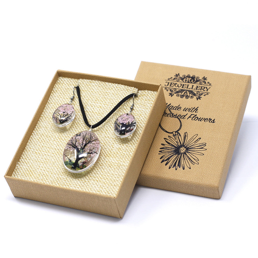 Pressed Flowers Pendant and Earring Set - Tree of Life / Pink product packaging on clean background from Quintessential Holistic Health Ltd