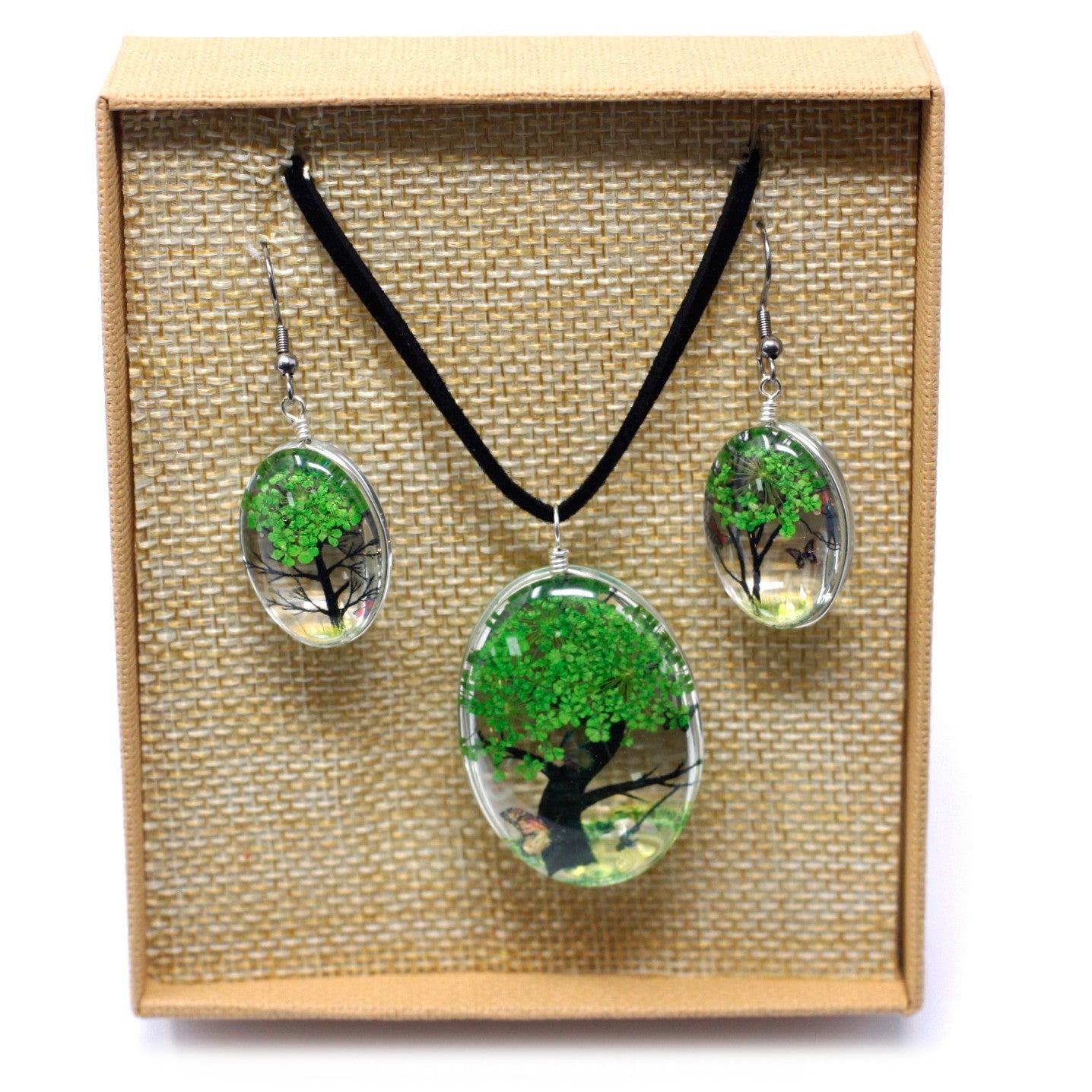 Pressed Flowers Pendant and Earring Set - Tree of Life / Green product packaging on clean background from Quintessential Holistic Health Ltd