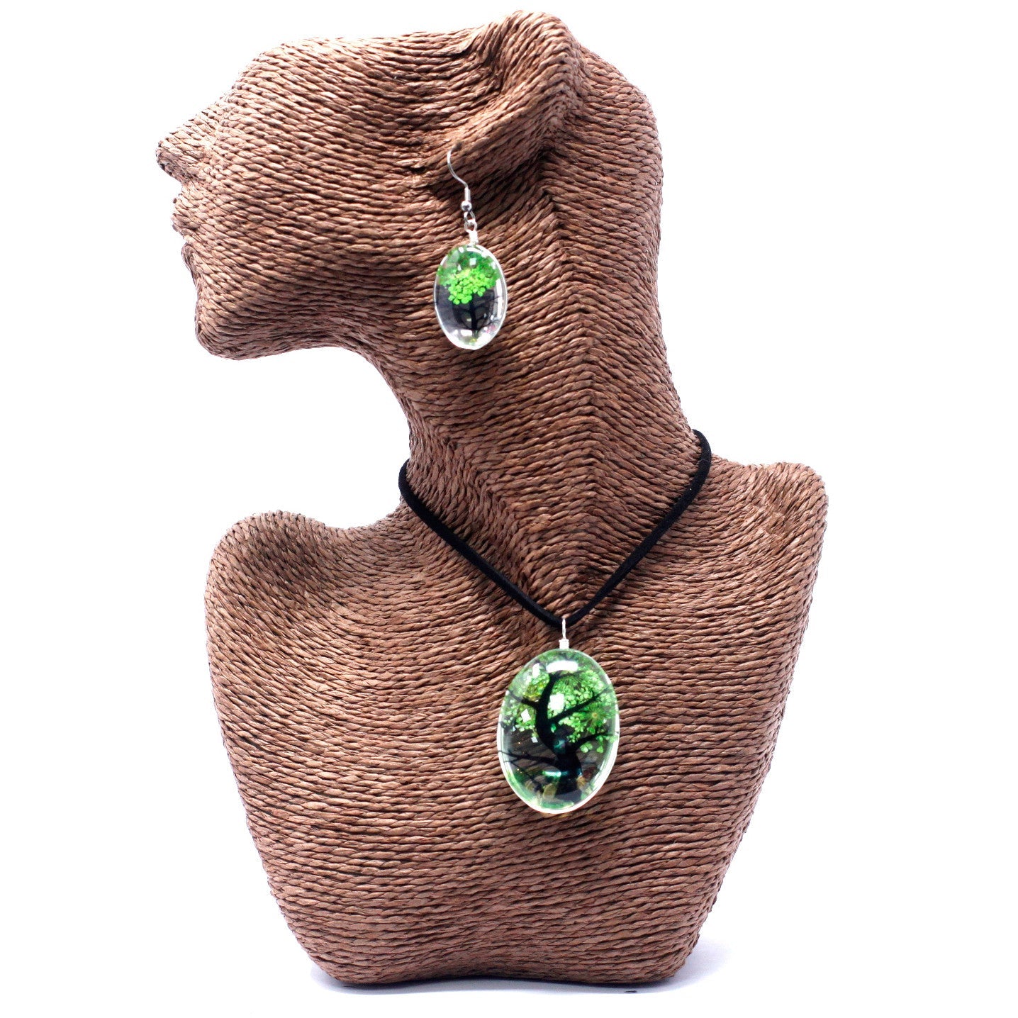 Pressed Flowers Pendant and Earring Set - Tree of Life / Green product packaging on clean background from Quintessential Holistic Health Ltd
