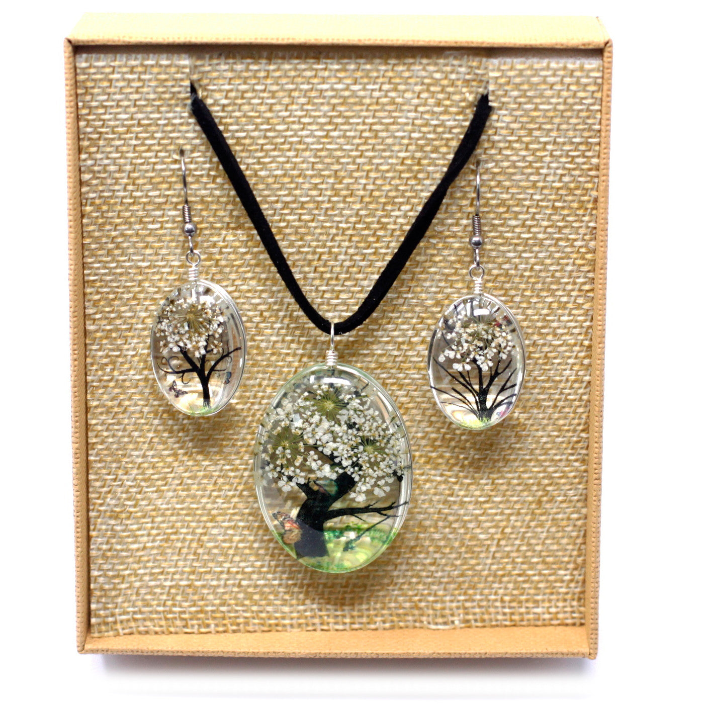 Pressed Flowers Pendant and Earring Set - Tree of Life / White product packaging on clean background from Quintessential Holistic Health Ltd
