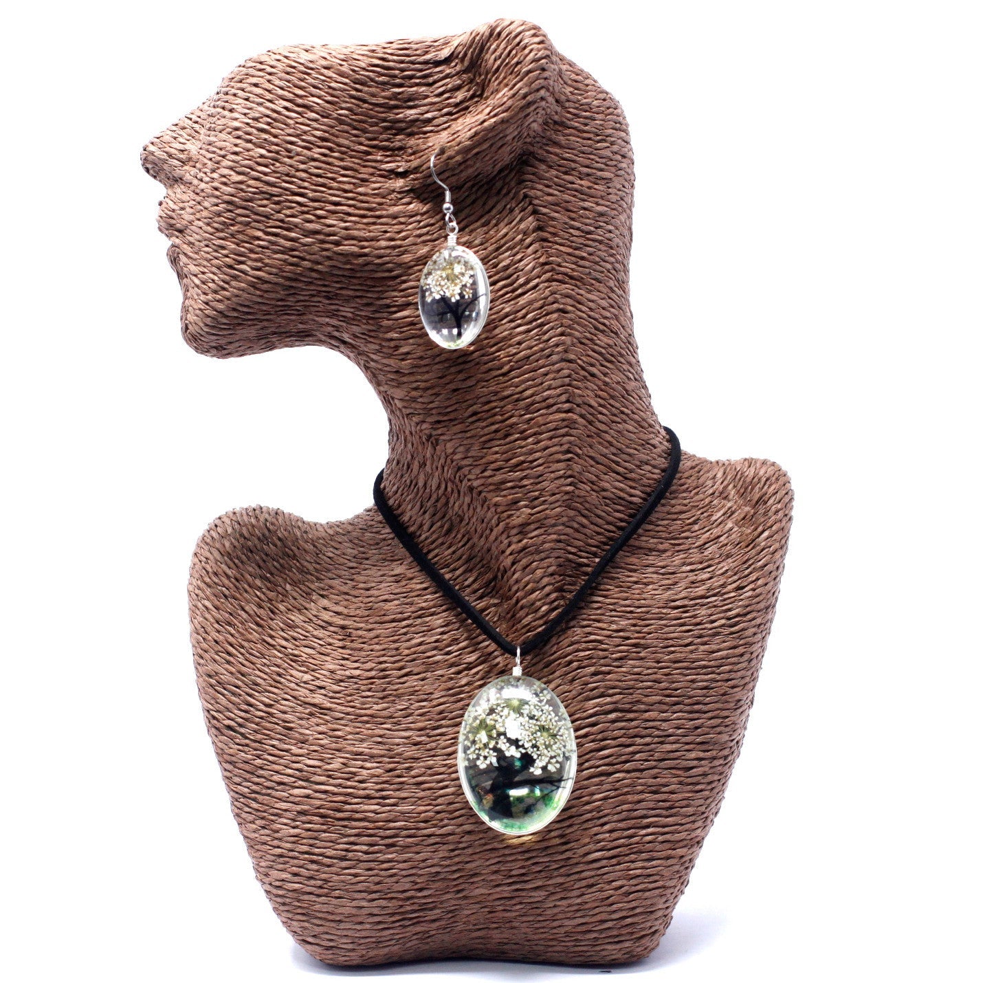 Pressed Flowers Pendant and Earring Set - Tree of Life / White product packaging on clean background from Quintessential Holistic Health Ltd