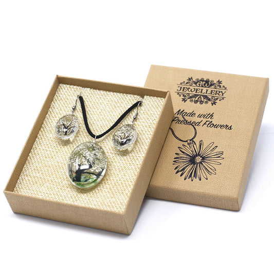 Pressed Flowers Pendant and Earring Set - Tree of Life / White product packaging on clean background from Quintessential Holistic Health Ltd