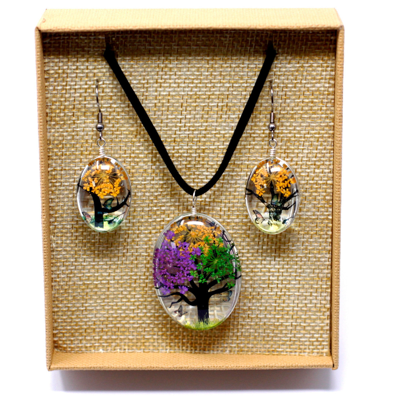Pressed Flowers Pendant and Earring Set - Tree of Life / Multicoloured product packaging on clean background from Quintessential Holistic Health Ltd
