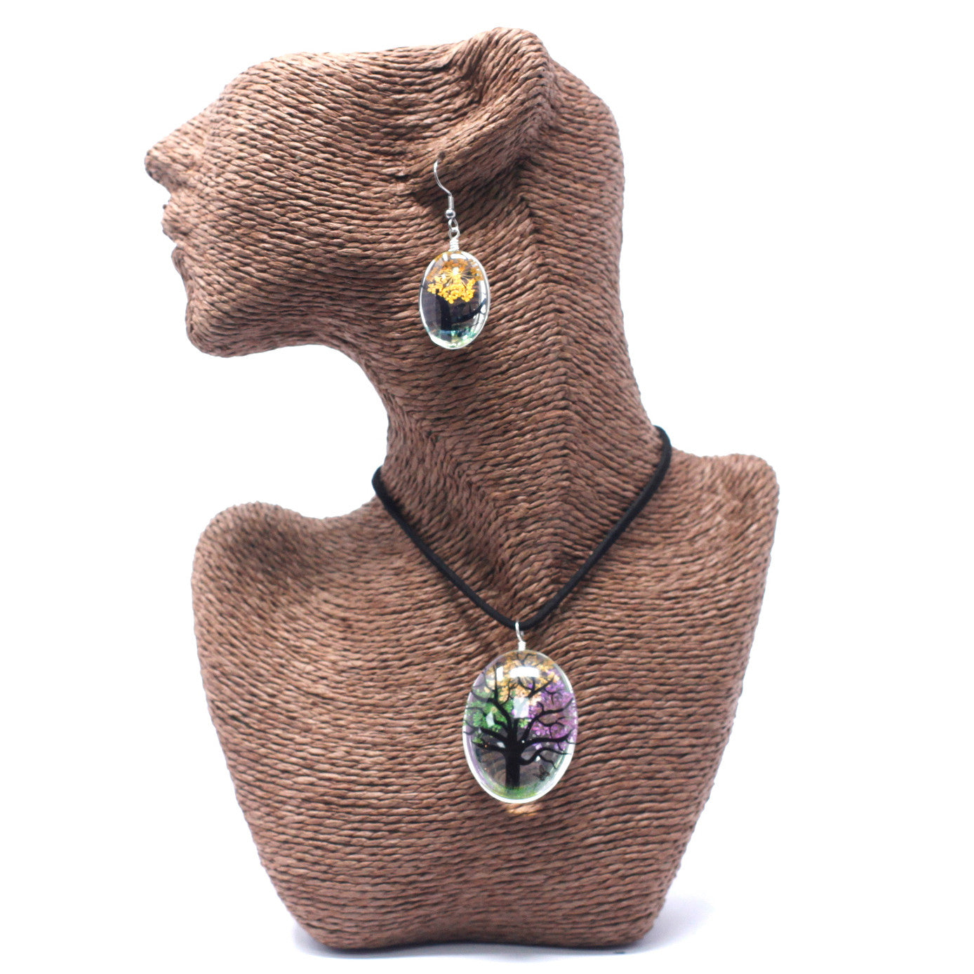 Pressed Flowers Pendant and Earring Set - Tree of Life / Multicoloured product packaging on clean background from Quintessential Holistic Health Ltd