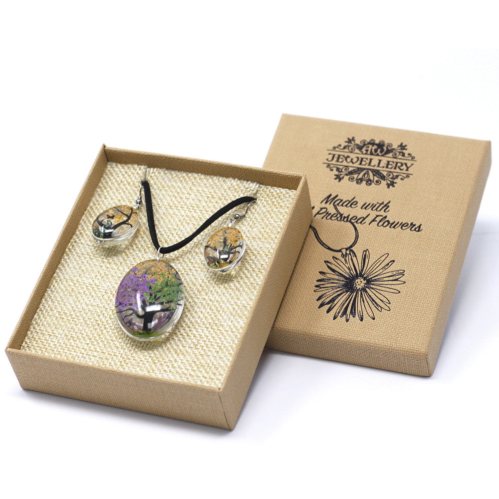 Pressed Flowers Pendant and Earring Set - Tree of Life / Multicoloured product packaging on clean background from Quintessential Holistic Health Ltd