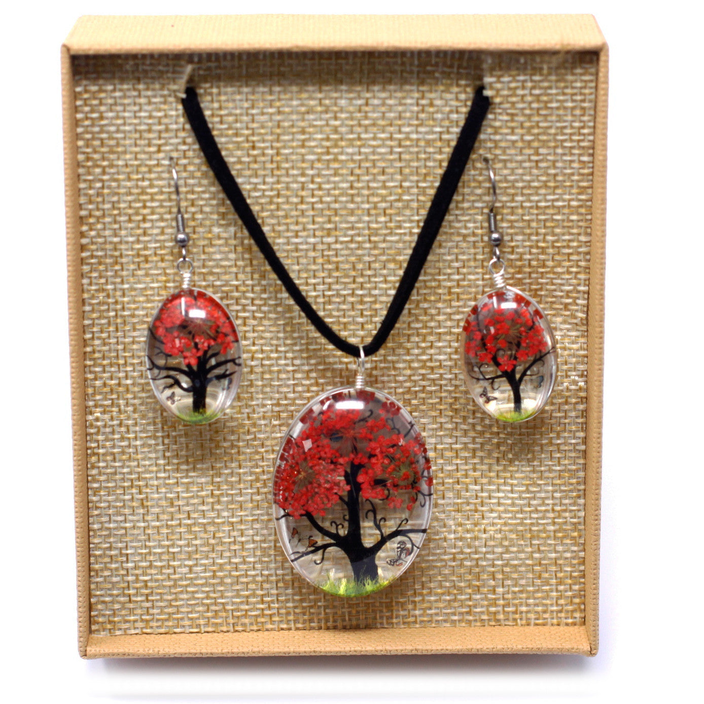 Pressed Flowers Pendant and Earring Set - Tree of Life / Coral product packaging on clean background from Quintessential Holistic Health Ltd