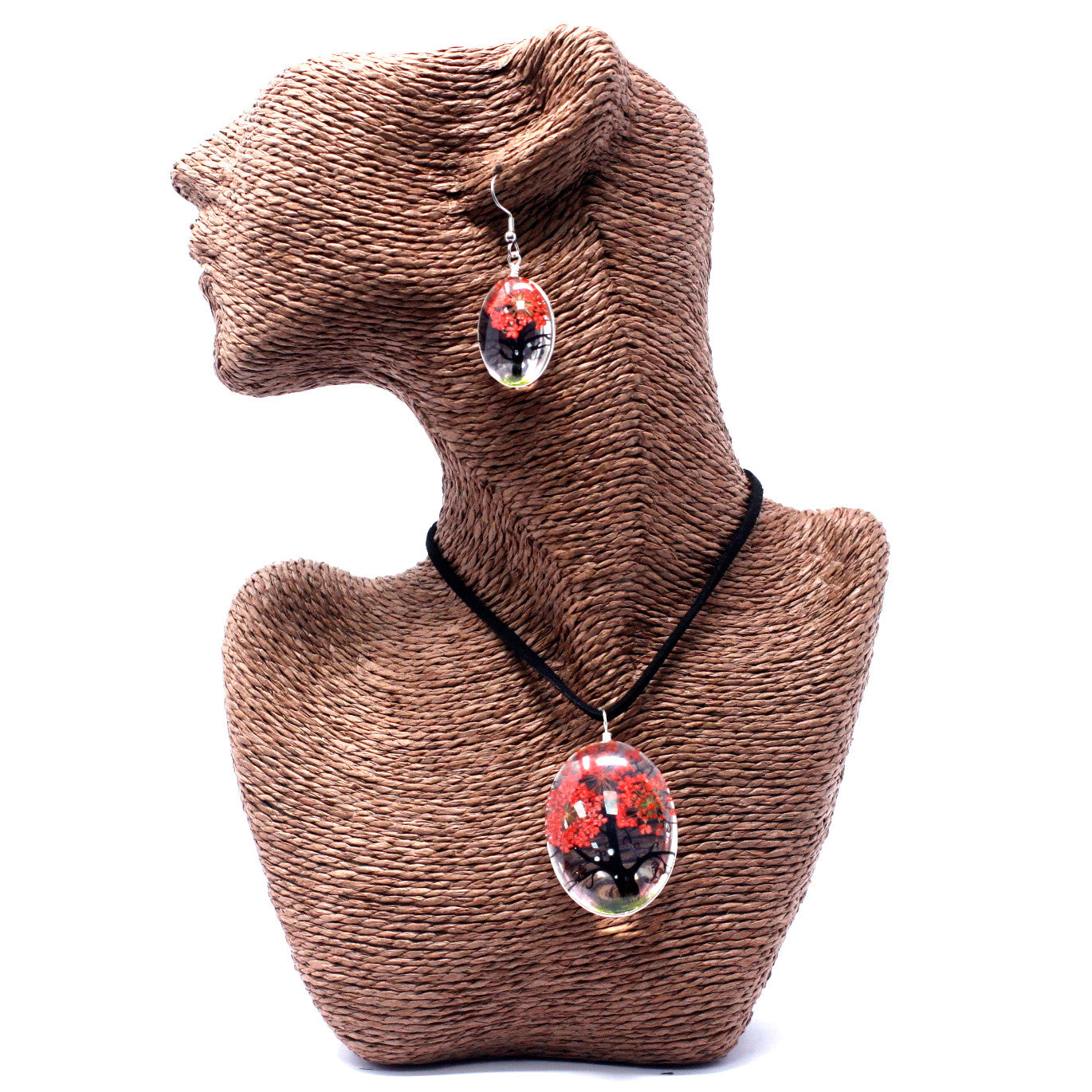 Pressed Flowers Pendant and Earring Set - Tree of Life / Coral product packaging on clean background from Quintessential Holistic Health Ltd