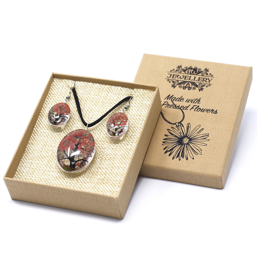 Pressed Flowers Pendant and Earring Set - Tree of Life / Coral product packaging on clean background from Quintessential Holistic Health Ltd