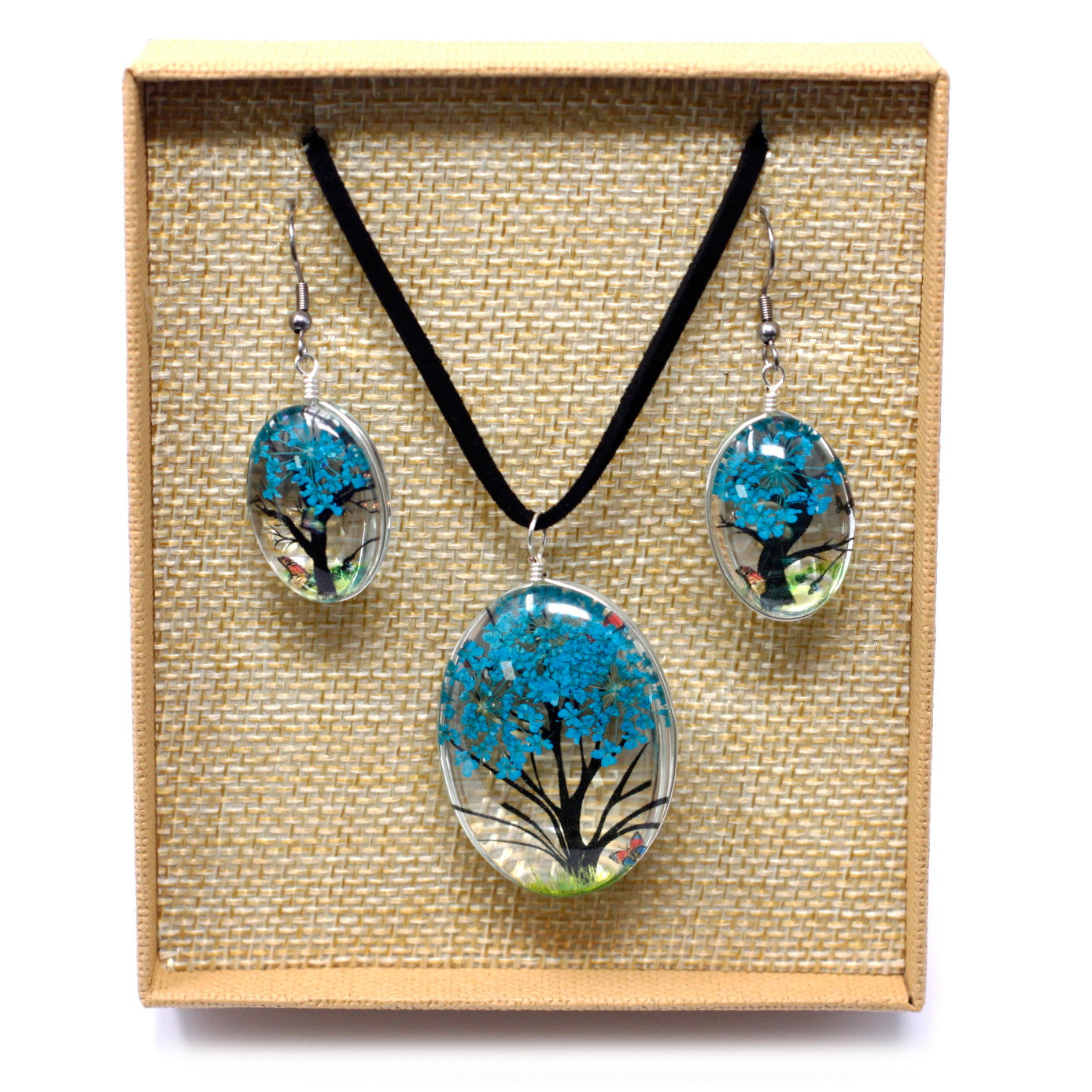 Pressed Flowers Pendant and Earring Set - Tree of Life / Teal product packaging on clean background from Quintessential Holistic Health Ltd