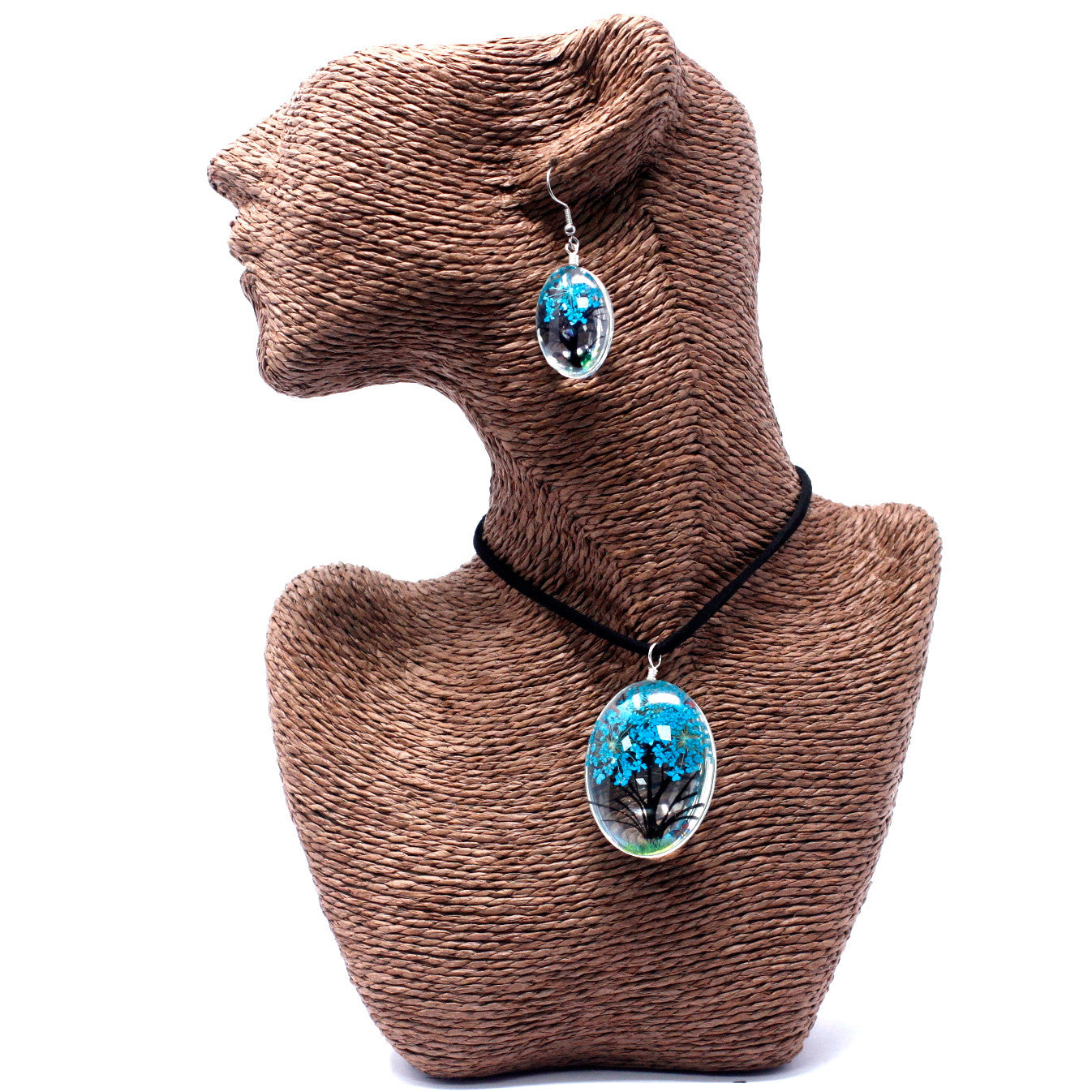 Pressed Flowers Pendant and Earring Set - Tree of Life / Teal product packaging on clean background from Quintessential Holistic Health Ltd