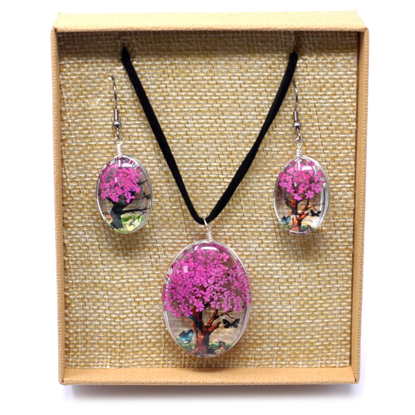 Pressed Flowers Pendant and Earring Set - Tree of Life / Bright Pink product packaging on clean background from Quintessential Holistic Health Ltd